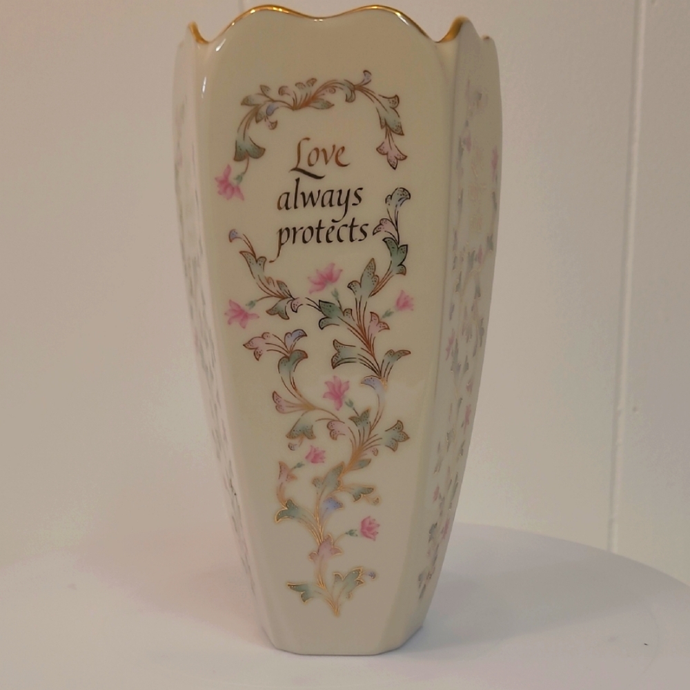 Lenox "Love Always Hopes" Porcelain Vase Light Pink and Green on Cream Color